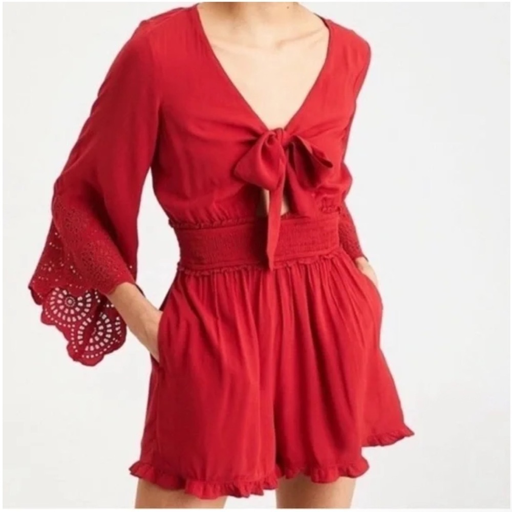 American Eagle Outfitters Coral/Orange Bell Sleeve Tie-Front Romper